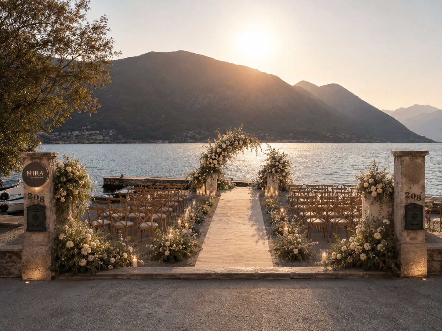 Wedding ceremony set up at the water's edge at Mira by Moments, with a floral arch and aisle facing the Bay of Kotor at sunset