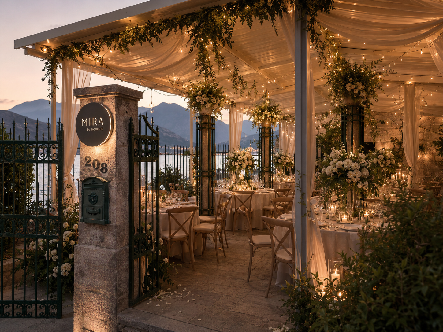Wedding dinner under a draped pergola with fairy lights and white florals at Mira by Moments, Montenegro