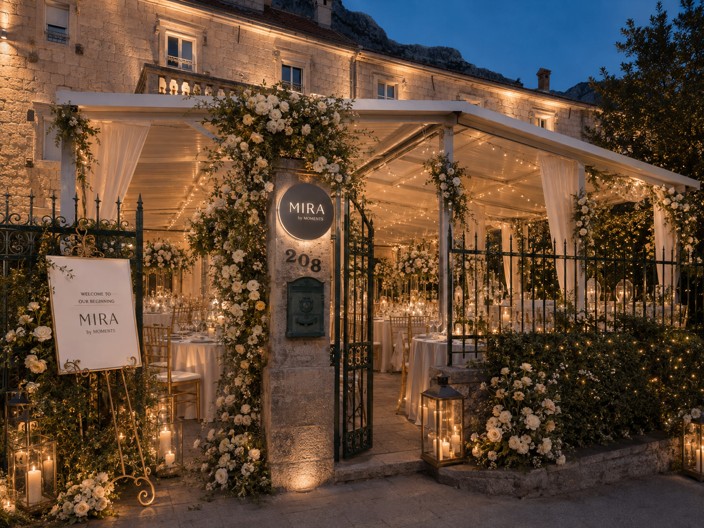 Candlelit wedding entrance at Mira by Moments, framed with white roses and lanterns